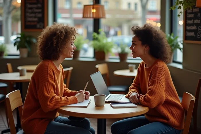 Deux femmes entrepreneures discutant d'un projet business autour d'un café avec ordinateur portable et notes