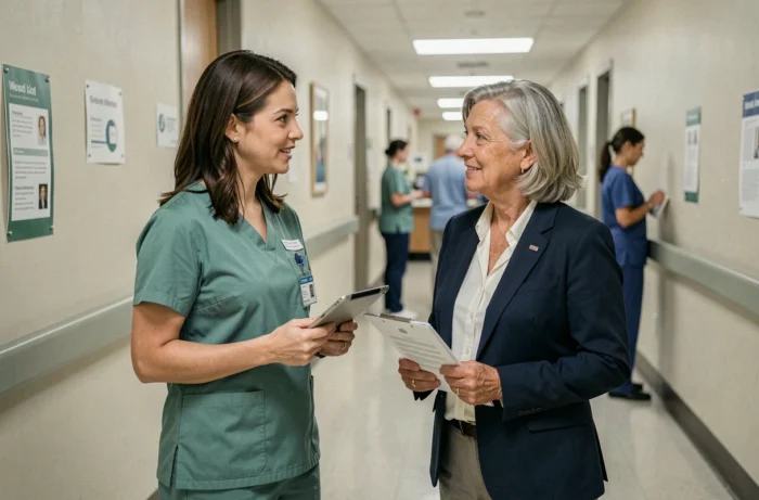 Deux femmes professionnelles de santé en discussion dans un couloir d'hôpital, illustrant la collaboration dans les professions intermédiaires