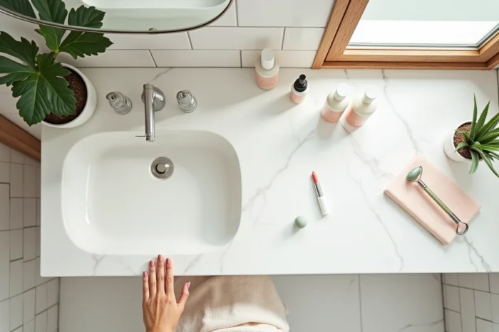 Flat lay de produits de beauté tendance sur marbre blanc dans une salle de bain minimaliste