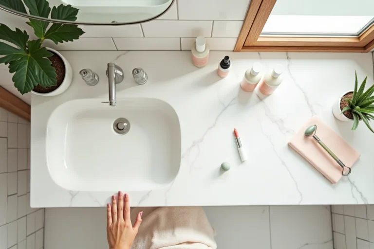 Flat lay de produits de beauté tendance sur marbre blanc dans une salle de bain minimaliste