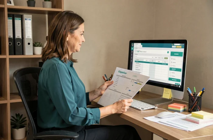 Gestionnaire ADMR comparant un planning numérique sur ordinateur avec un document papier dans un bureau à domicile