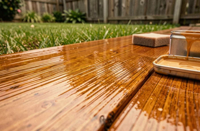 Gros plan sur une lame de terrasse en bois fraîchement traitée avec une lasure polyuréthane satinée mettant en valeur le grain du bois