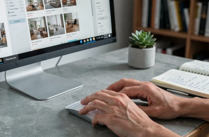 Gros plan sur des mains naviguant dans l'index numérique complet de Perspective Maison sur un écran d'ordinateur de bureau