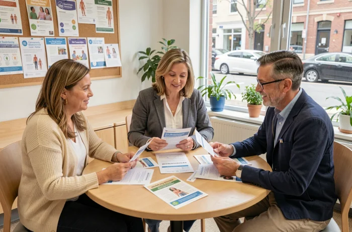 Un groupe d'adultes discute des actualités santé autour d'une table dans un centre de santé communautaire, symbolisant la sensibilisation collective à la santé