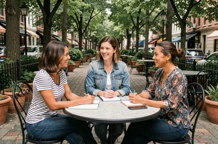 Groupe de parents partageant des conseils et ressources autour d'une table en terrasse de café urbain
