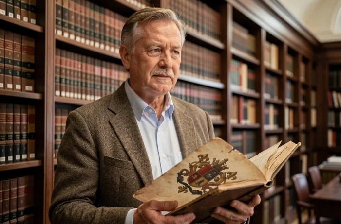 Historien tenant un livre d'héraldique illustrant les trois fleurs de lys royales françaises dans une bibliothèque universitaire