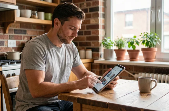 Un homme consulte les dernières actualités santé sur une tablette dans sa cuisine, représentant l'accès à l'information médicale au quotidien