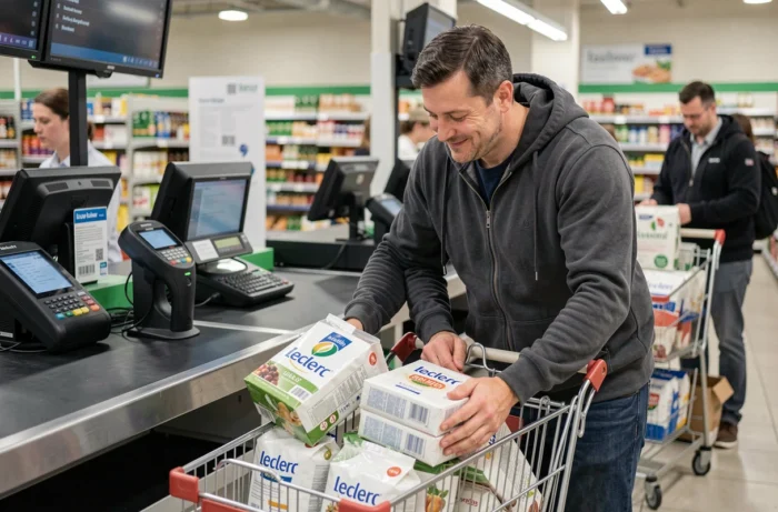 Homme déposant des produits marque repère Leclerc sur le tapis de caisse lors de ses courses