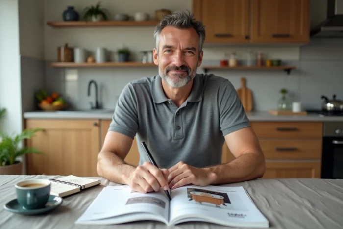 Homme planifiant ses achats de rentrée scolaire avec le catalogue promotionnel Leclerc posé sur une table de cuisine