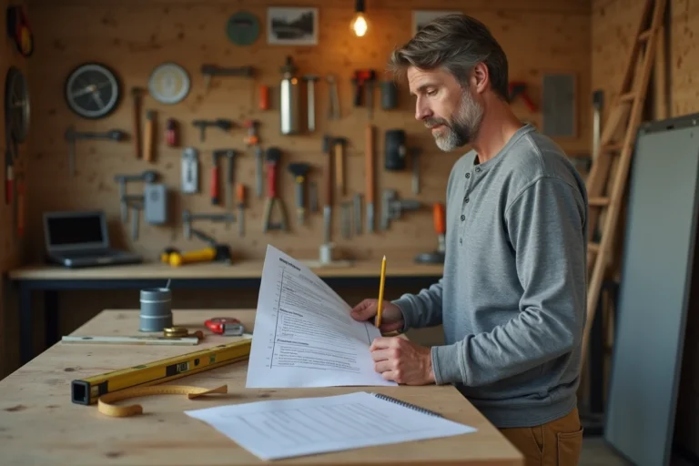 Homme consultant une check-list de rénovation dans un atelier de bricolage bien organisé avec des outils accrochés au mur