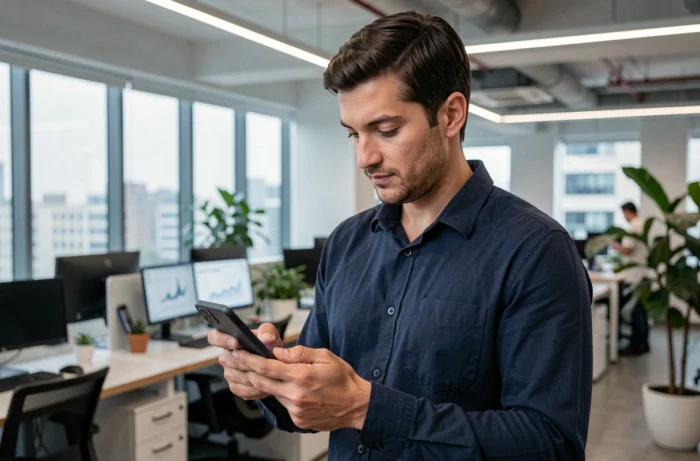 Jeune homme consultant les statistiques de son site web sur smartphone dans un espace de co-working moderne