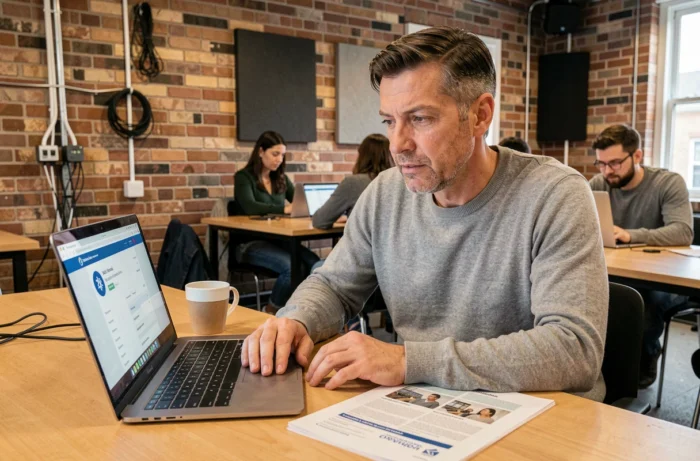 Homme consultant un guide d'utilisation de Mélanie2Web dans un espace de coworking