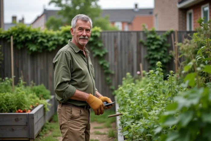 Homme d'âge mûr entretenant son potager dans un jardin communautaire urbain avec des légumes verts et des tomates