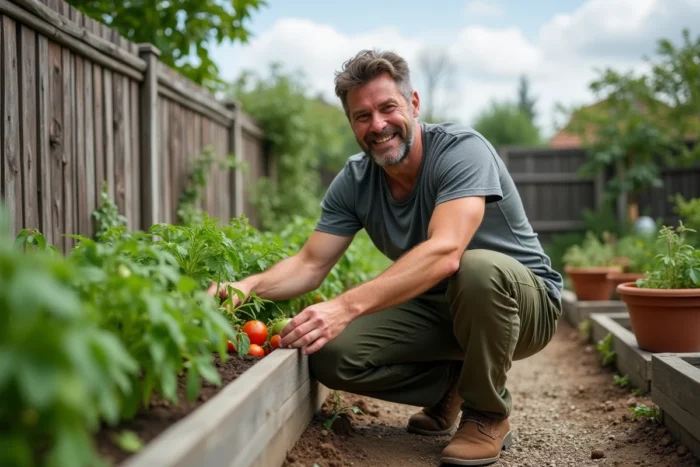 Homme jardinant dans un potager extérieur au printemps, activité de loisir en plein air toutes saisons dans un jardin familial