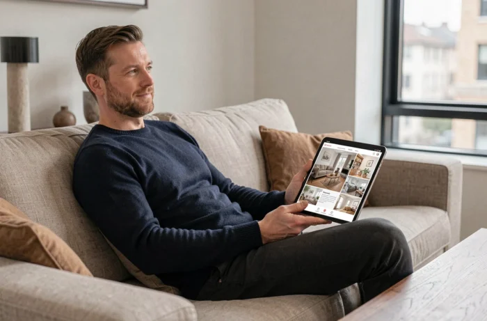 Homme parcourant l'index complet de Perspective Maison sur une tablette dans un salon contemporain
