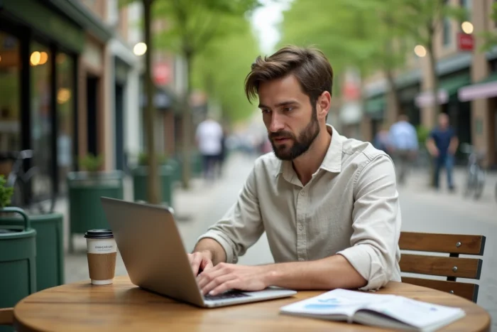 Homme consultant son portefeuille d'investissement socialement responsable sur un ordinateur portable dans un espace vert urbain
