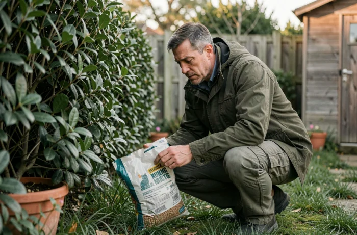 Homme cherchant son chat sous une haie de jardin en secouant un sachet de croquettes