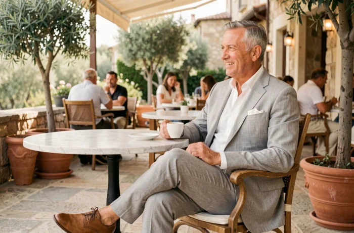 Homme de 60 ans en costume lin gris assis en terrasse, style estival élégant pour seniors actifs