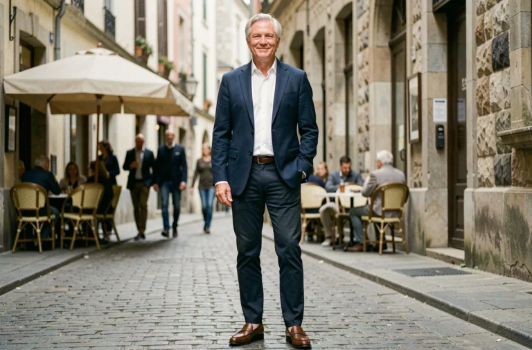 Homme élégant de plus de 60 ans en blazer marine et chino sur une rue pavée européenne, style mode senior tendance