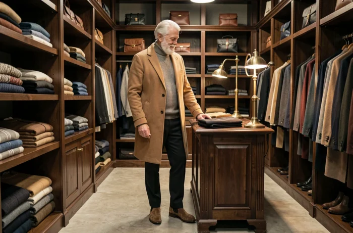 Homme senior distingué en manteau camel et col roulé gris dans une boutique de mode masculine haut de gamme