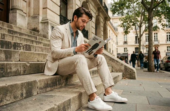 Mann in einem Leinenanzug, der auf urbanen Stufen sitzt und ein Modemagazin in einem städtischen Umfeld durchblättert