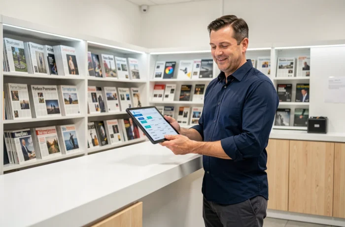 Homme utilisant une tablette pour naviguer sur le plan du site Carré Presse dans une boutique de presse