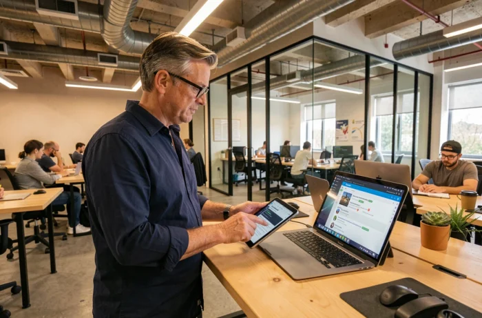 Homme utilisant une tablette et un ordinateur portable pour sa veille technologique dans un espace de coworking moderne