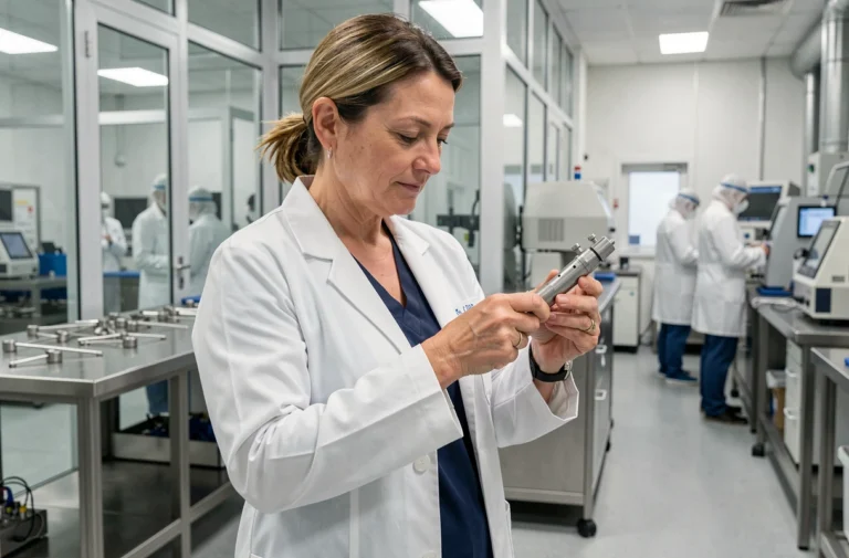 Ingénieure biomédicale inspectant un instrument chirurgical dans une usine de fabrication de matériel médical en France