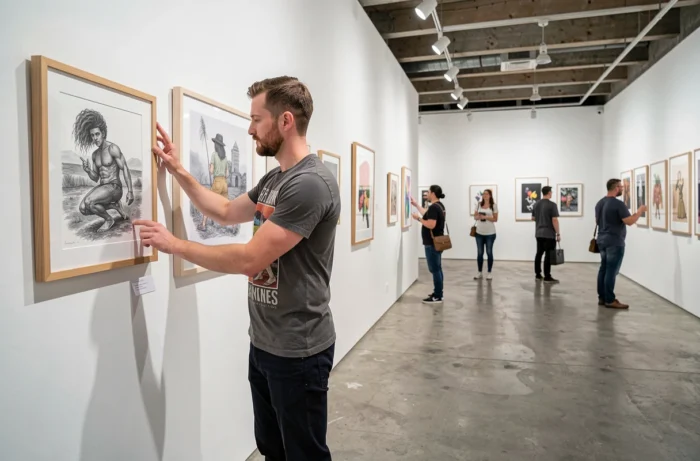 Artiste masculin installant des œuvres encadrées dans une galerie d'art indépendante contemporaine