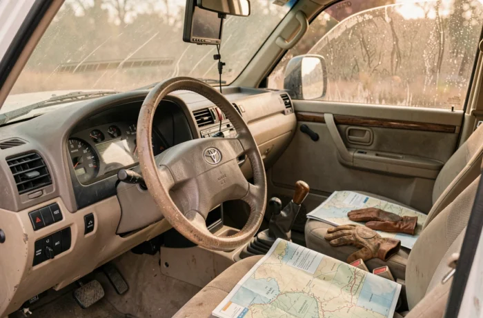 Intérieur authentique du Toyota Land Cruiser HDJ 100 avec tableau de bord d'origine et équipement d'expédition, atmosphère aventurière