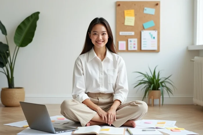 Jeune femme entrepreneure assise sur le sol de son bureau à domicile entourée de notes et d'un ordinateur portable