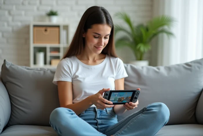 Jeune femme naviguant dans le menu de la Nintendo Switch pour télécharger une application