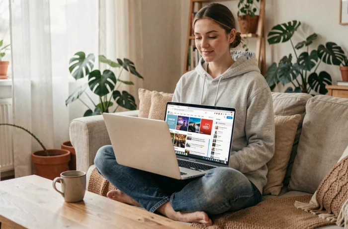 Jeune femme consultant des ressources de veille technologique sur son ordinateur portable depuis son salon cosy