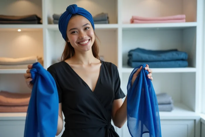 Jeune femme en robe noire portant un foulard en mousseline bleu cobalt en bandeau dans une boutique de mode