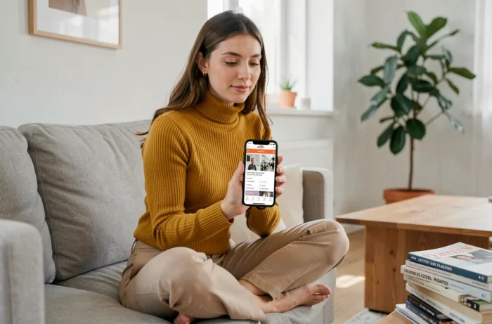 Jeune femme naviguant sur le plan du site Carré Presse depuis son smartphone dans un salon moderne