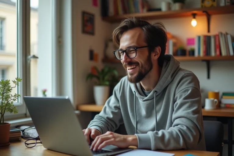 Jeune homme riant devant son ordinateur portable en consultant un site humoristique français comme Choualbox