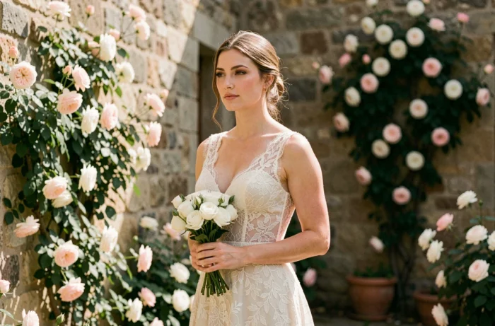 Jeune femme en robe de mariée ivoire tenant un bouquet de fleurs blanches dans un jardin fleuri avec murs en pierre