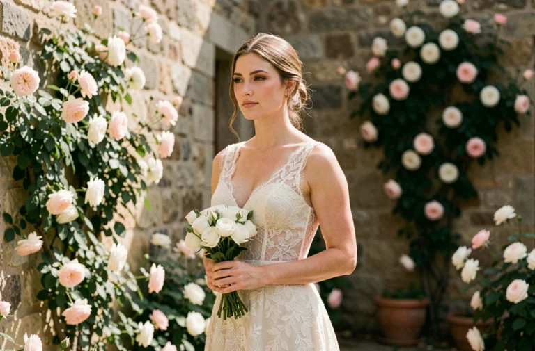 Jeune femme en robe de mariée ivoire tenant un bouquet de fleurs blanches dans un jardin fleuri avec murs en pierre