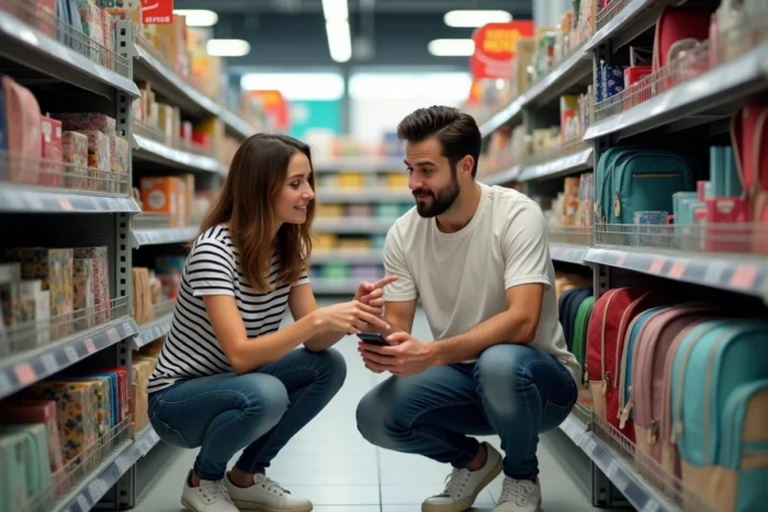 Deux jeunes adultes comparant les prix des fournitures scolaires dans le rayon rentrée d'un magasin Leclerc