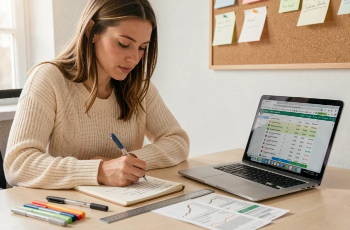 Une femme tenant un journal de trading manuscrit détaillé dès sa première opération financière