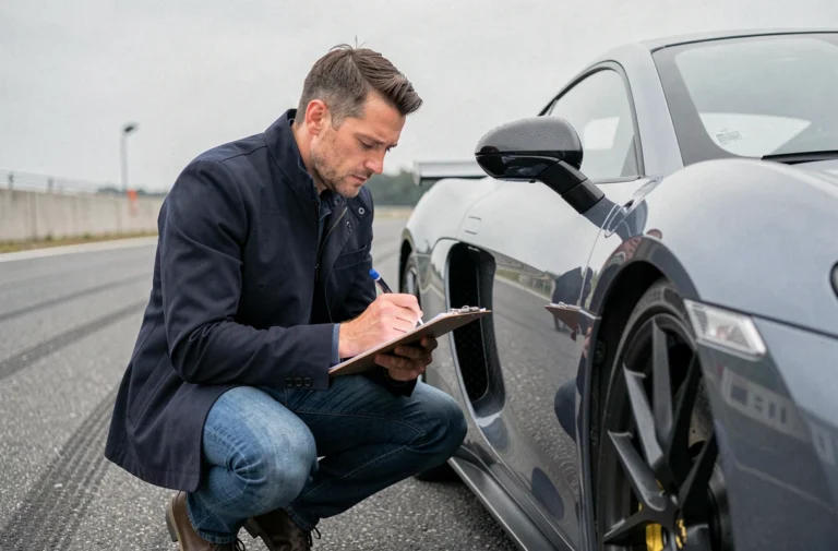 Journaliste automobile masculin prenant des notes à côté d'une voiture de sport moderne sur un circuit d'essai professionnel