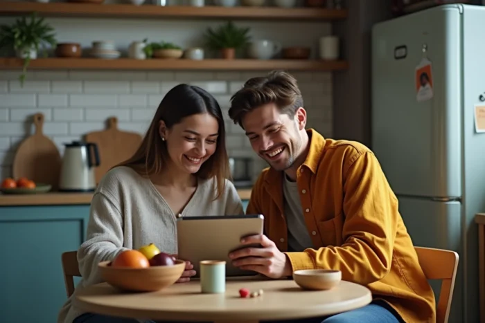 Deux amis regardant la série La Flamme gratuitement en streaming sur une tablette dans une cuisine