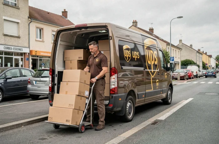 Livreur UPS déchargeant des colis d'un camion de livraison dans les rues de Corbeil-Essonnes