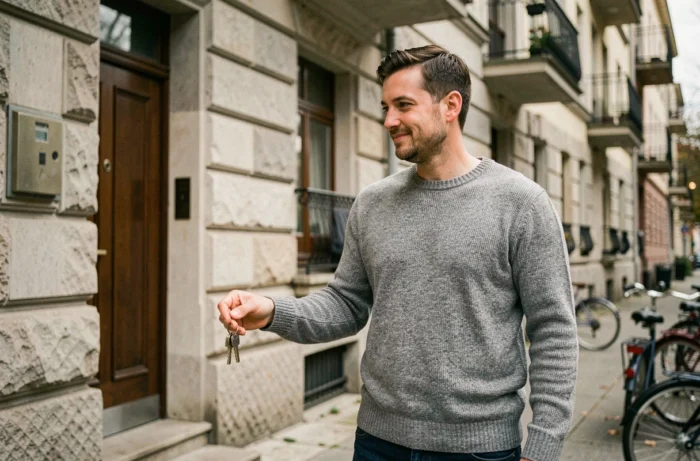 Locataire tenant les clés de son nouvel appartement devant un immeuble résidentiel géré par Locamoi
