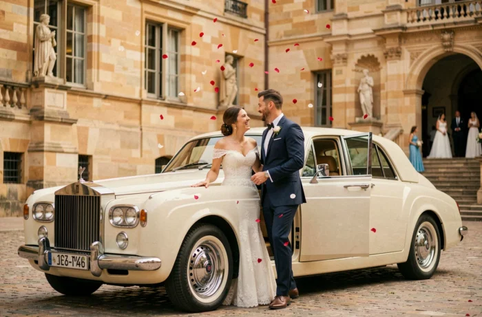 Couple de mariés sortant d'une Rolls-Royce ivoire devant le Capitole de Toulouse lors d'un cortège de mariage élégant