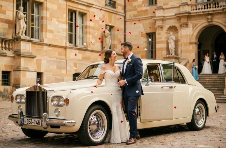 Couple de mariés sortant d'une Rolls-Royce ivoire devant le Capitole de Toulouse lors d'un cortège de mariage élégant