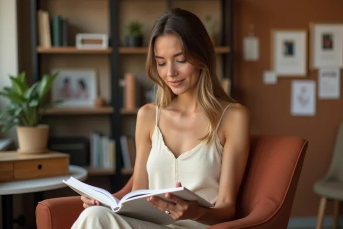 Mannequin femme en robe crème consultant son book dans une agence de mode moderne, évoquant le processus de sélection et les critères professionnels du mannequinat féminin en 2024