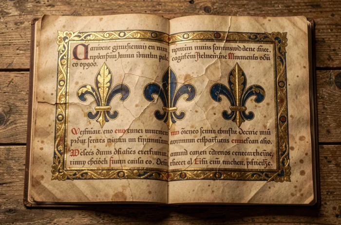 Page de manuscrit médiéval enluminé avec trois fleurs de lys dorées sur fond bleu cobalt, posée sur une table en chêne