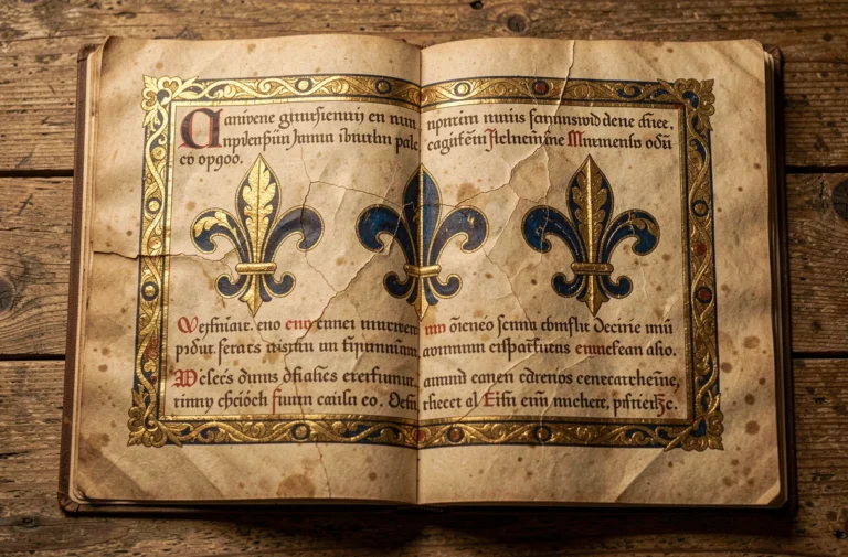 Page de manuscrit médiéval enluminé avec trois fleurs de lys dorées sur fond bleu cobalt, posée sur une table en chêne