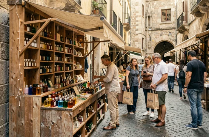 Étal de parfums artisanaux sur un marché en plein air dans le quartier gothique de Barcelone